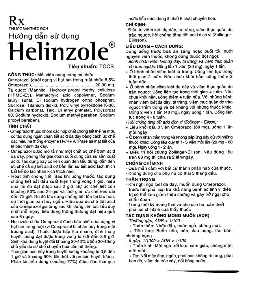 Helinzole 20mg trị trào ngược dạ dày, thực quản